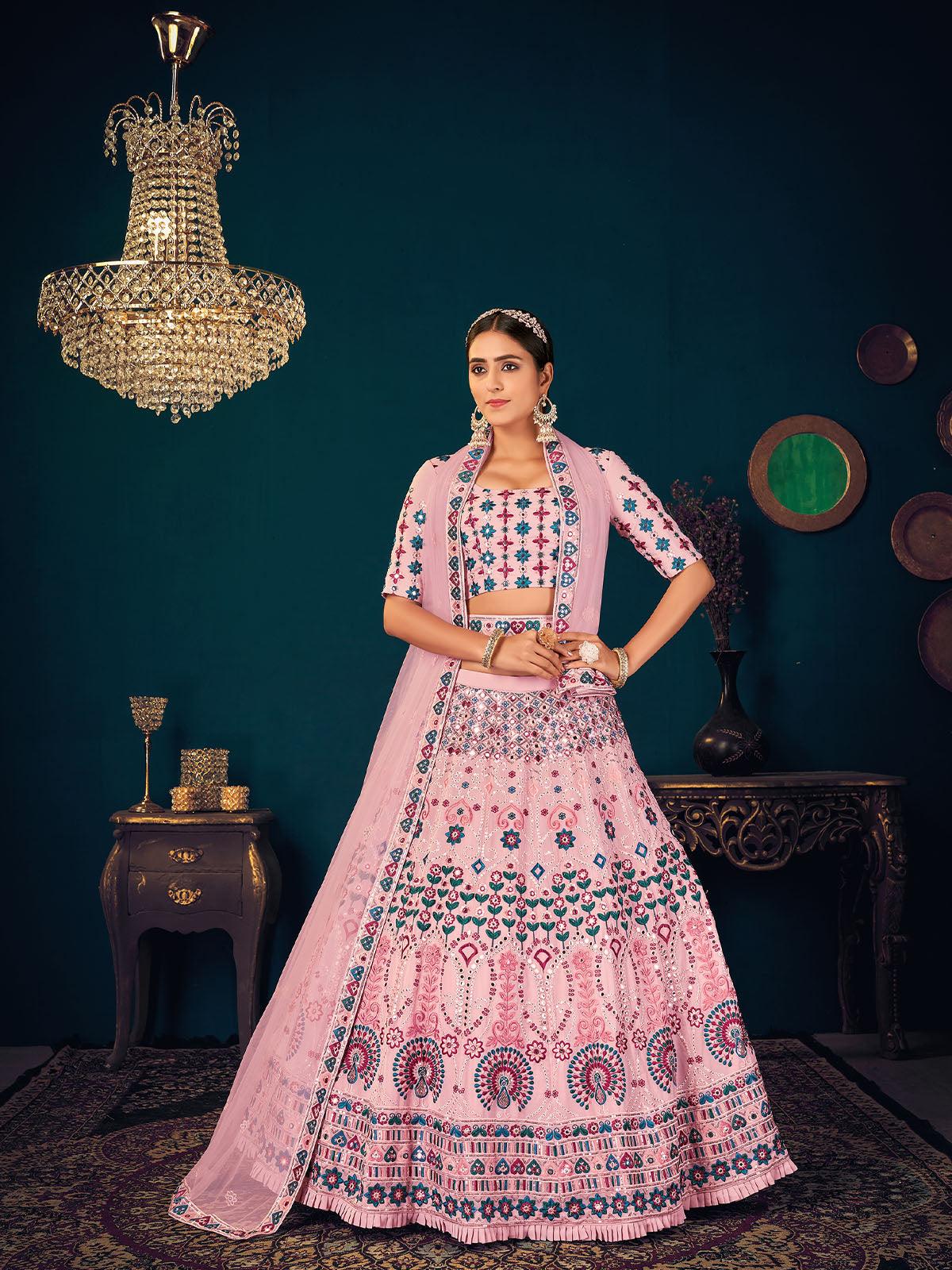 Odette Women Stylish Pink Georgette Semi Stitched Lehenga With Unstitched Blouse - Image 3