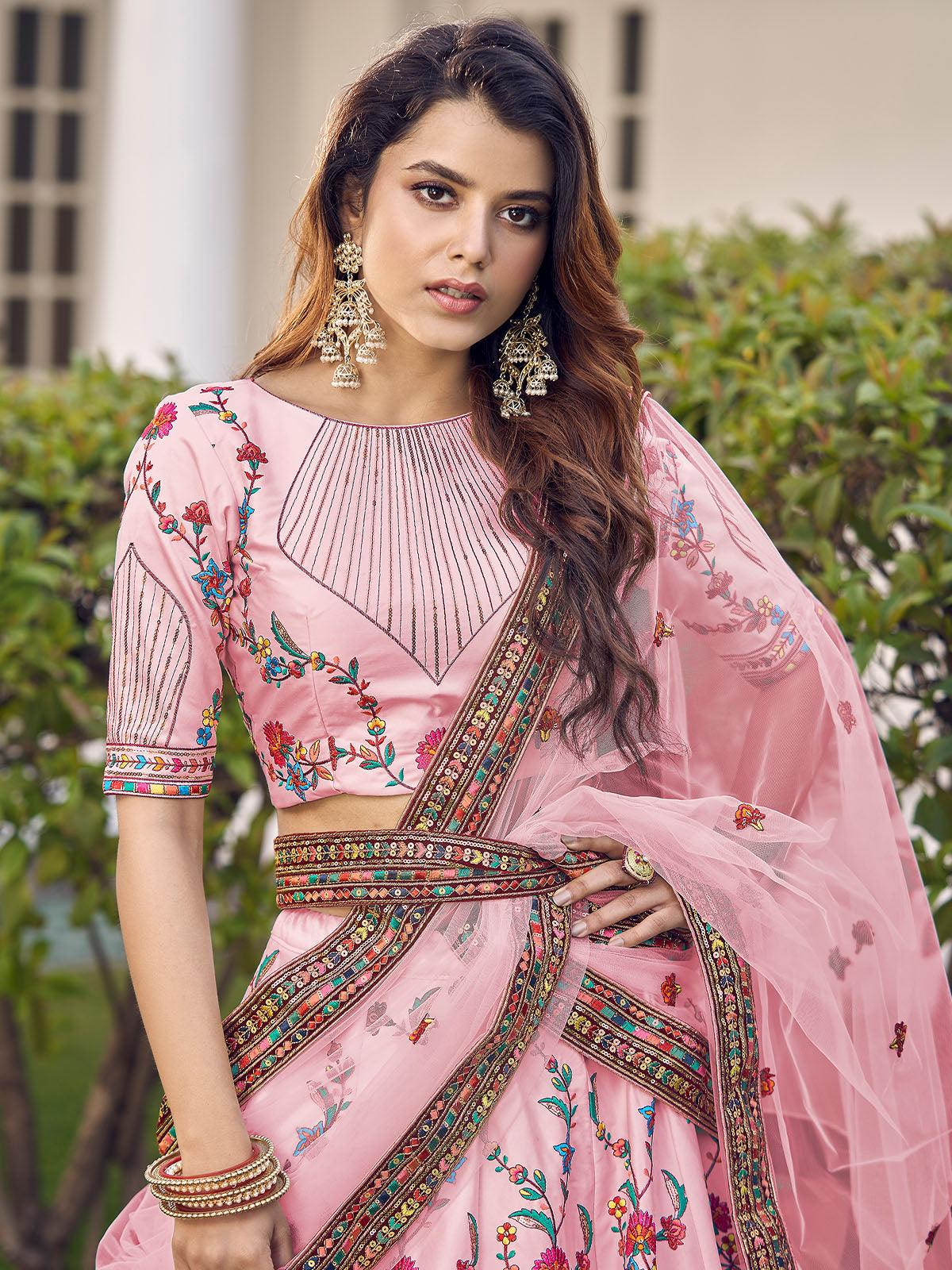 Odette Women Stylish Pink Silk Semi Stitched Lehenga With  Unstitched Blouse - Image 2