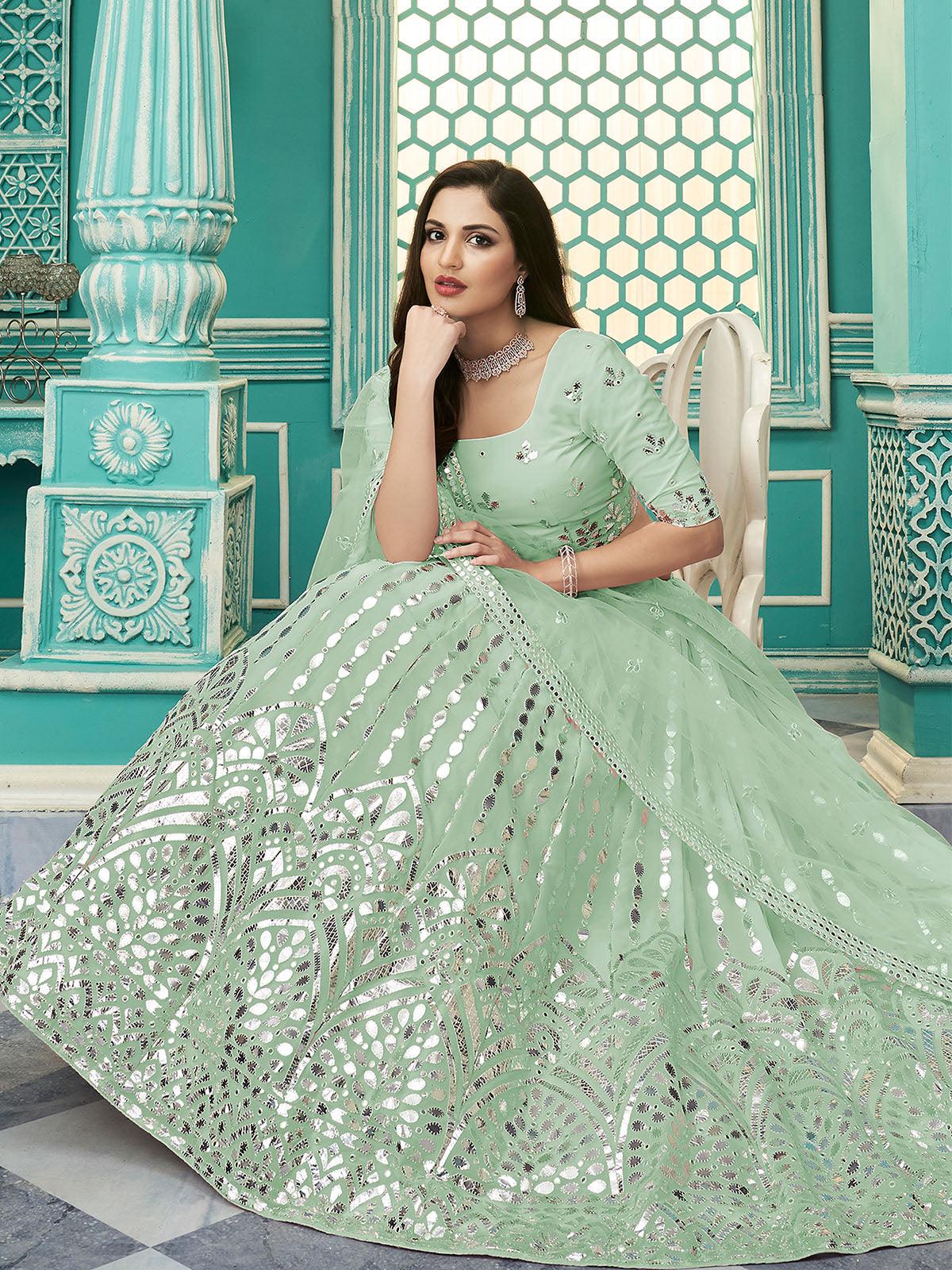 Odette Women Stylish Pista Green Georgette Semi Stitched Lehenga With  Unstitched Blouse - Image 3