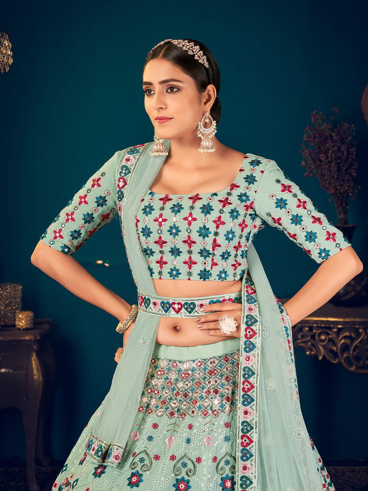 Odette Women Stylish Pista Green Georgette Semi Stitched Lehenga With  Unstitched Blouse - Image 2