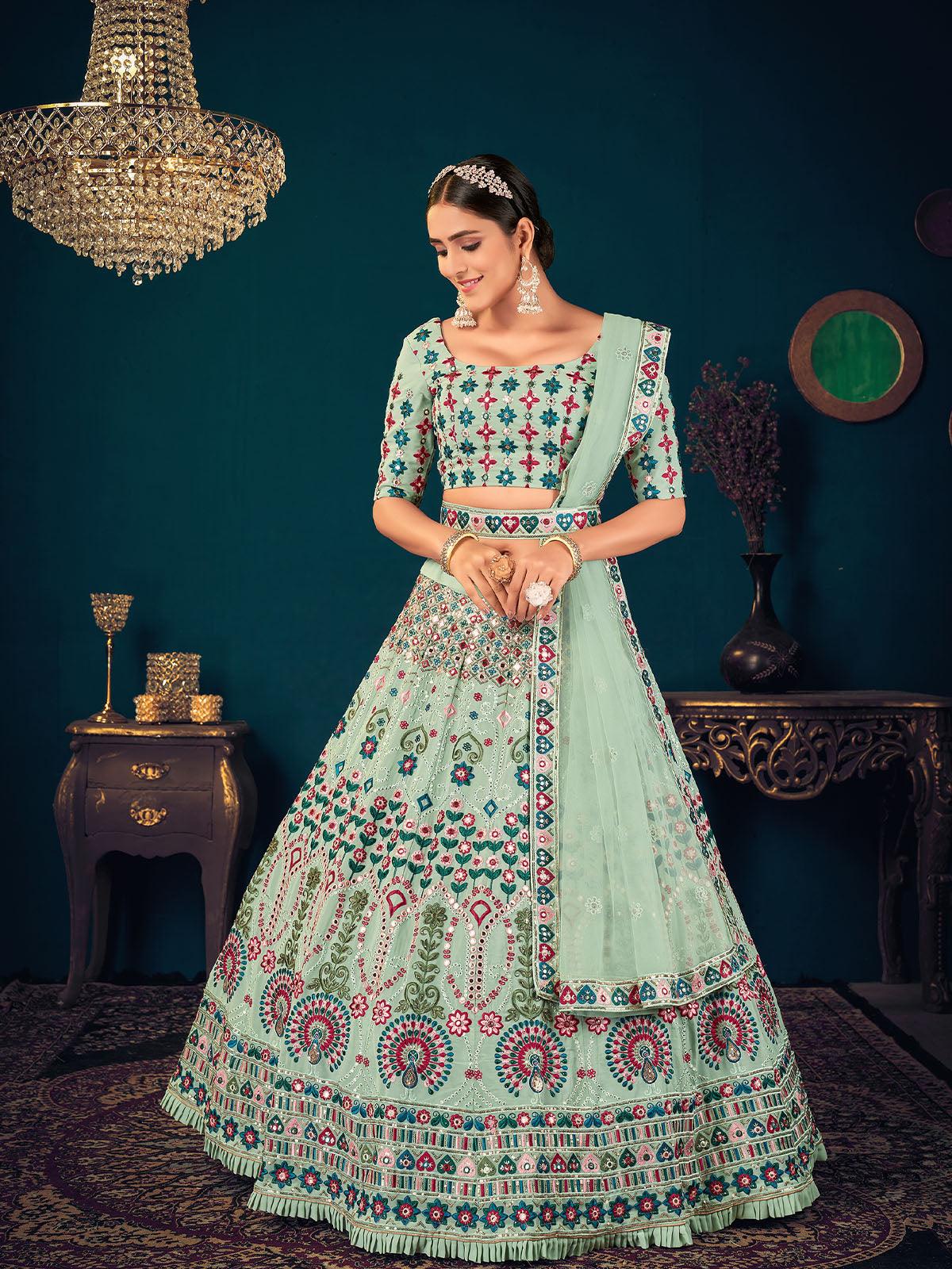 Odette Women Stylish Pista Green Georgette Semi Stitched Lehenga With  Unstitched Blouse - Image 3