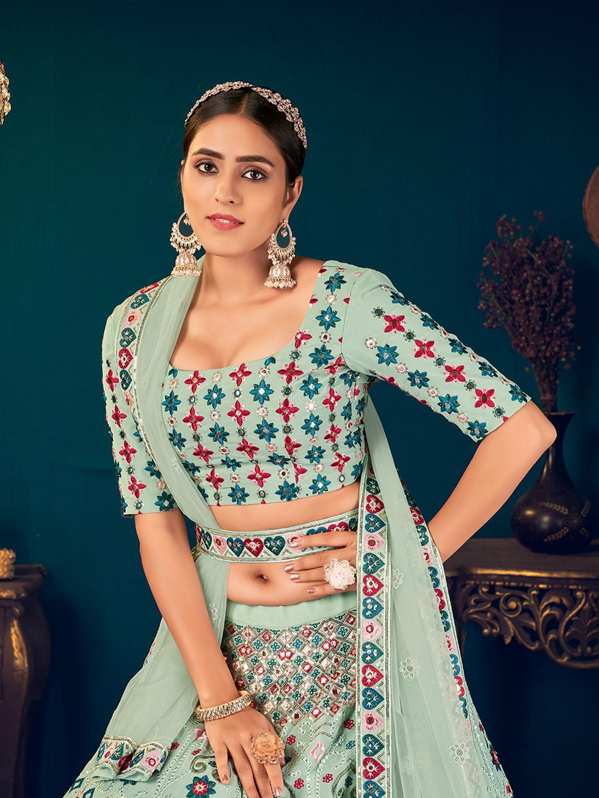 Odette Women Stylish Pista Green Georgette Semi Stitched Lehenga With  Unstitched Blouse - Image 4