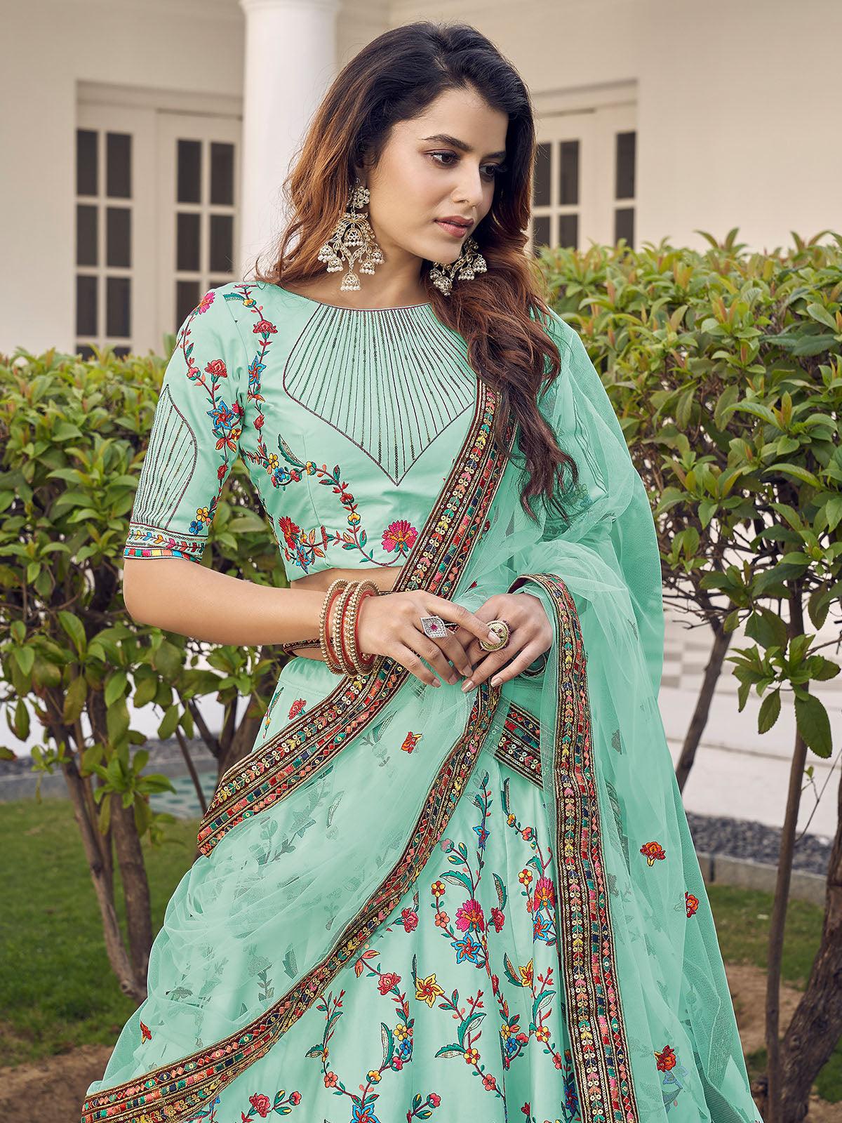 Odette Women Stylish Pista Green Silk Semi Stitched Lehenga With  Unstitched Blouse - Image 3