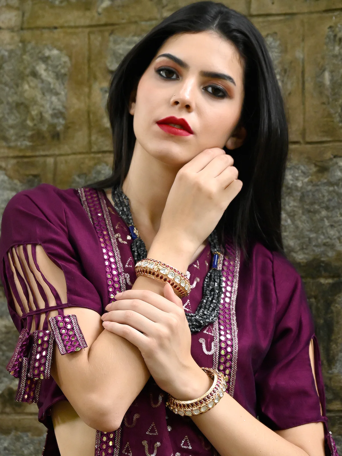 Odette Women Stylish Red And Golden Bangles - Set Of 2 - Image 2