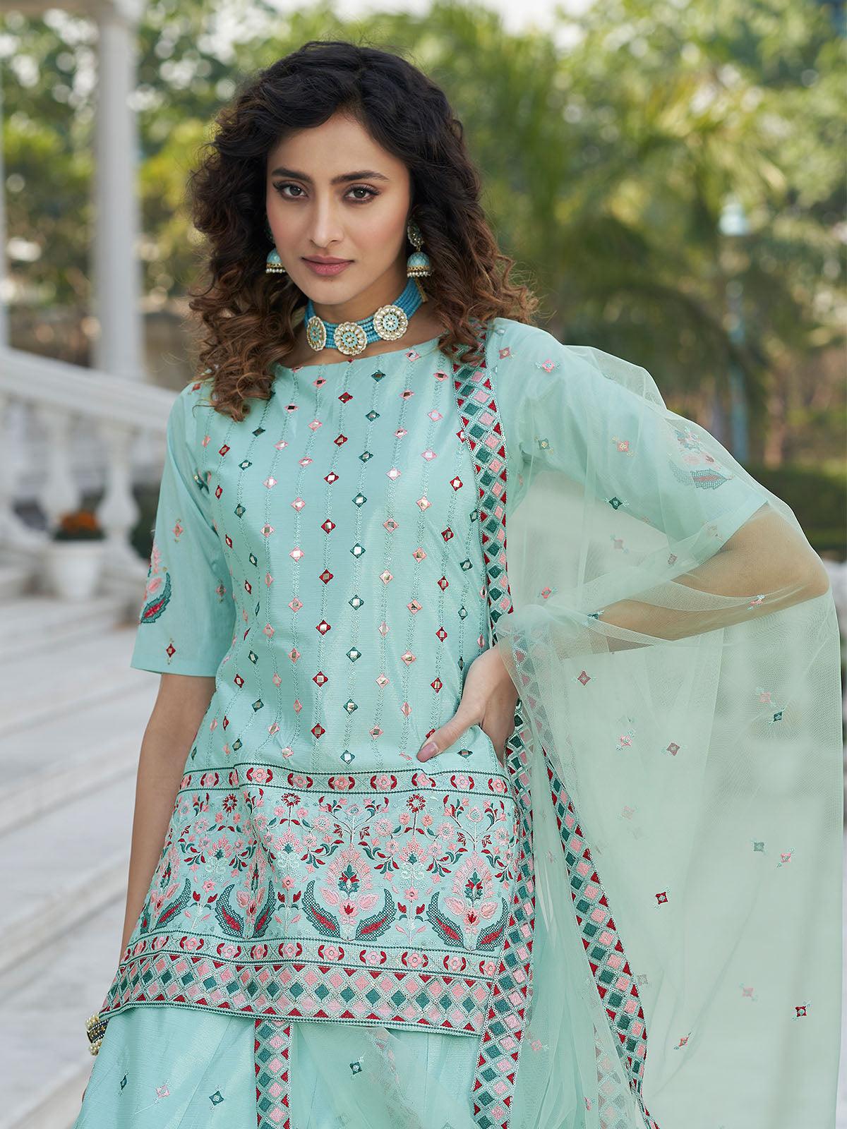 Odette Women Stylish Sky Blue Chinon Chiffon Semi Stitched Lehenga With  Unstitched Blouse - Image 2
