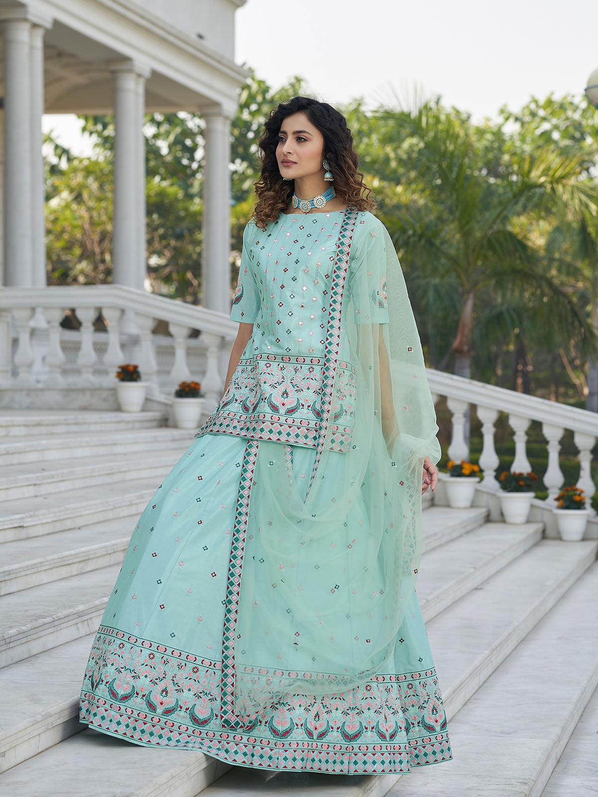 Odette Women Stylish Sky Blue Chinon Chiffon Semi Stitched Lehenga With  Unstitched Blouse - Image 3