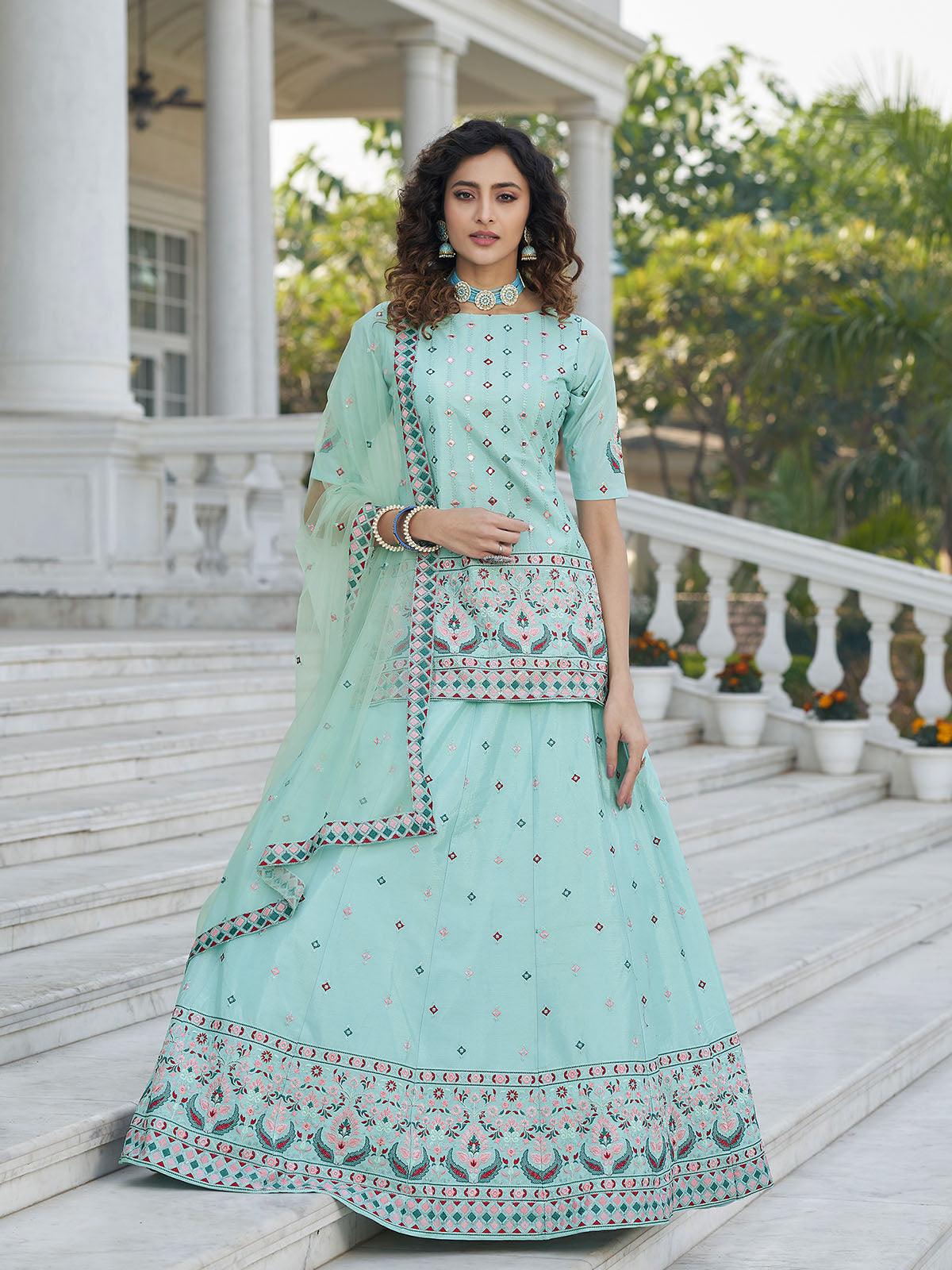Odette Women Stylish Sky Blue Chinon Chiffon Semi Stitched Lehenga With  Unstitched Blouse - Image 4