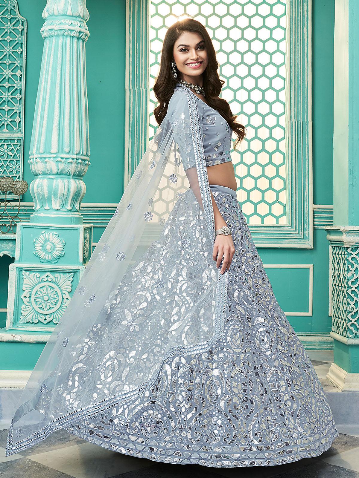 Odette Women Stylish Sky Blue Georgette Semi Stitched Lehenga With  Unstitched Blouse - Image 3