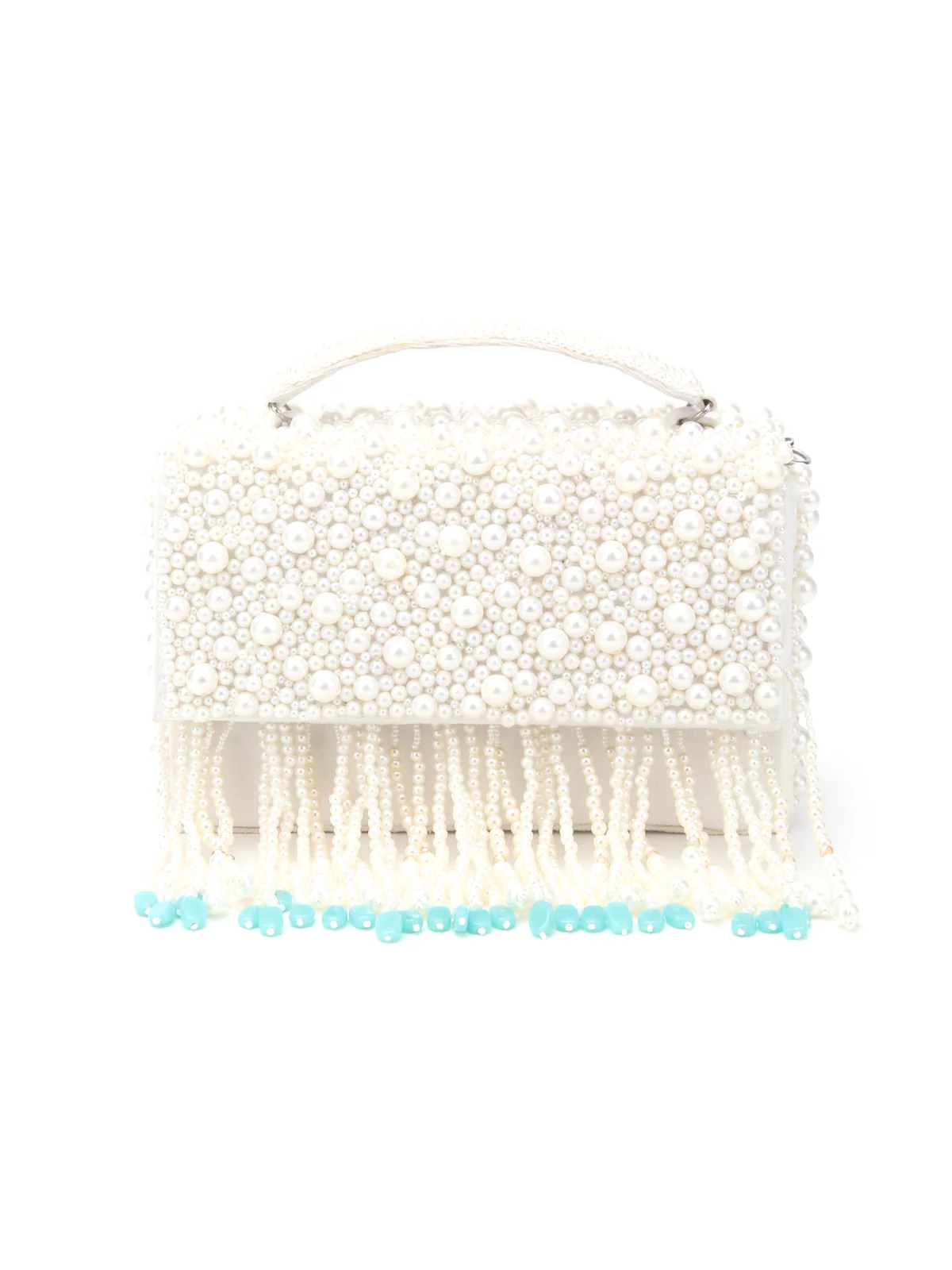 Odette  White And Blue Fabric Pearls Bridal Clutch For Women - Image 3
