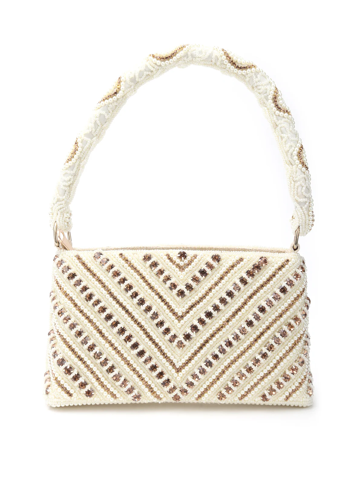 Odette White And Golden Fabric Pearls Bridal Clutch For Women - Image 3