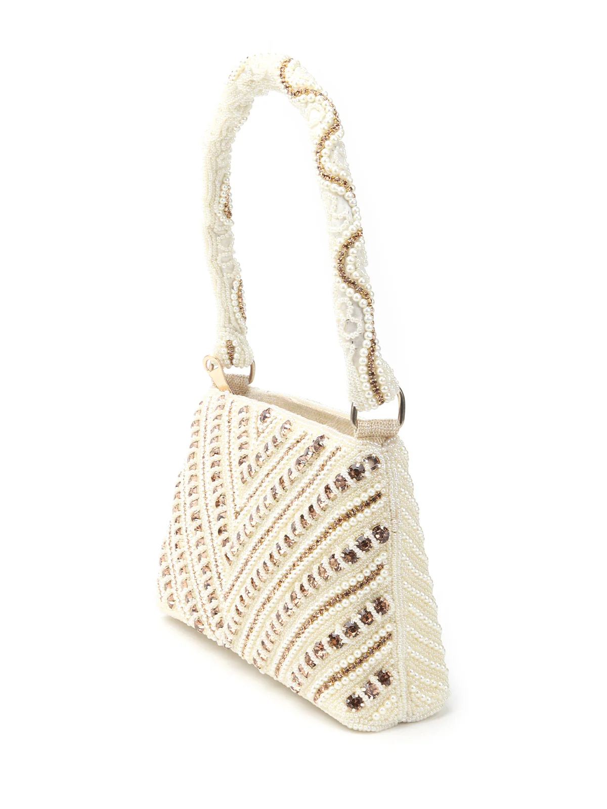 Odette White And Golden Fabric Pearls Bridal Clutch For Women - Image 4