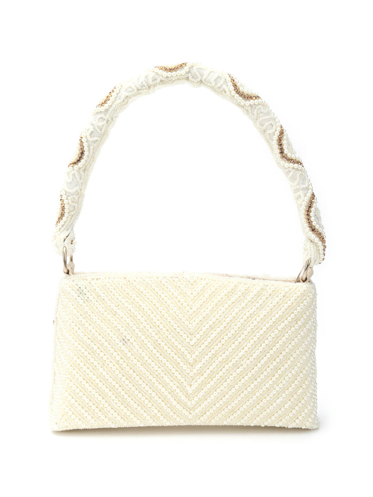 Odette White And Golden Fabric Pearls Bridal Clutch For Women - Image 5