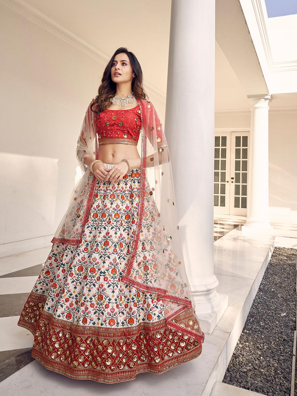 Odette Women Stylish White And Red Art Silk Semi Stitched Lehenga With  Unstitched Blouse - Image 4