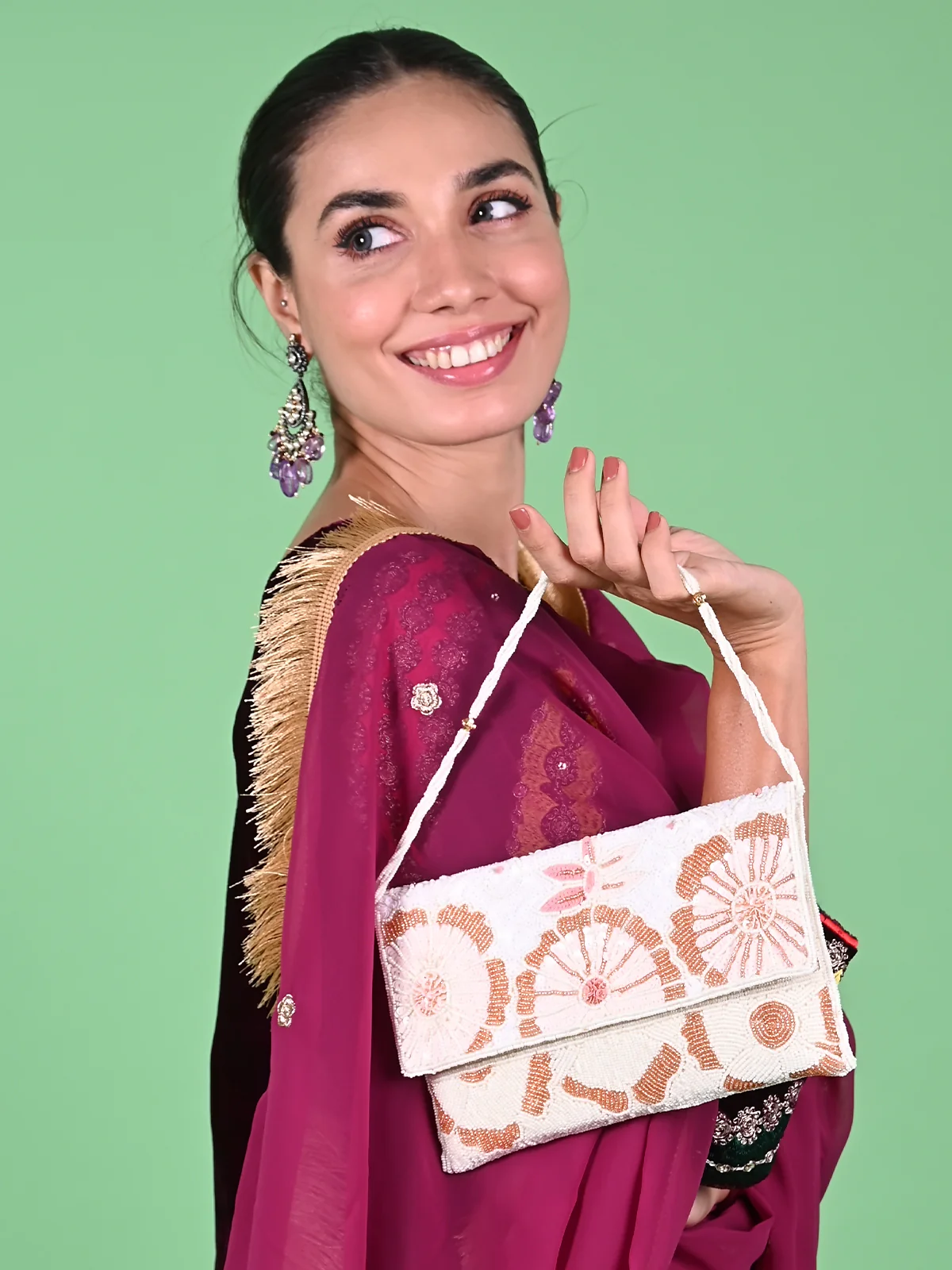 Odette White Fabric Floral Clutch For Women - Image 2