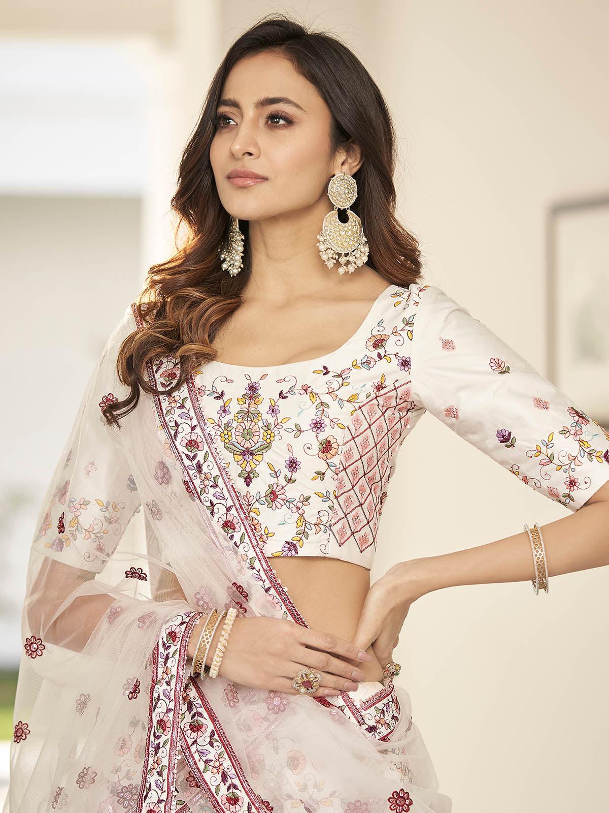 Odette Women Stylish White Silk Semi Stitched Lehenga With  Unstitched Blouse - Image 2