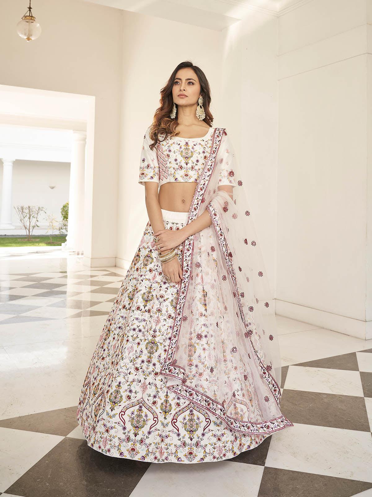 Odette Women Stylish White Silk Semi Stitched Lehenga With  Unstitched Blouse - Image 3