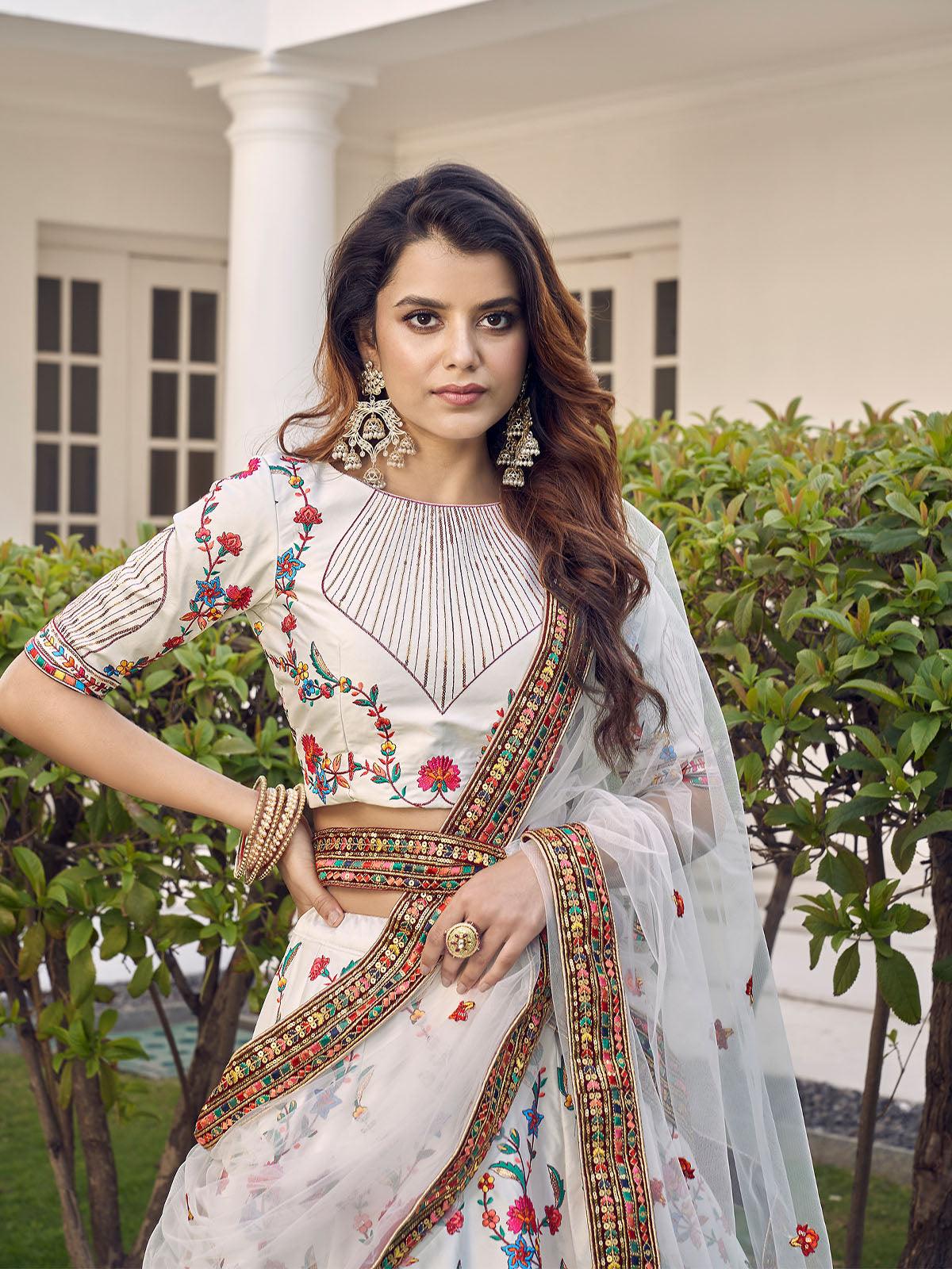 Odette Women Stylish White Silk Semi Stitched Lehenga With  Unstitched Blouse - Image 2