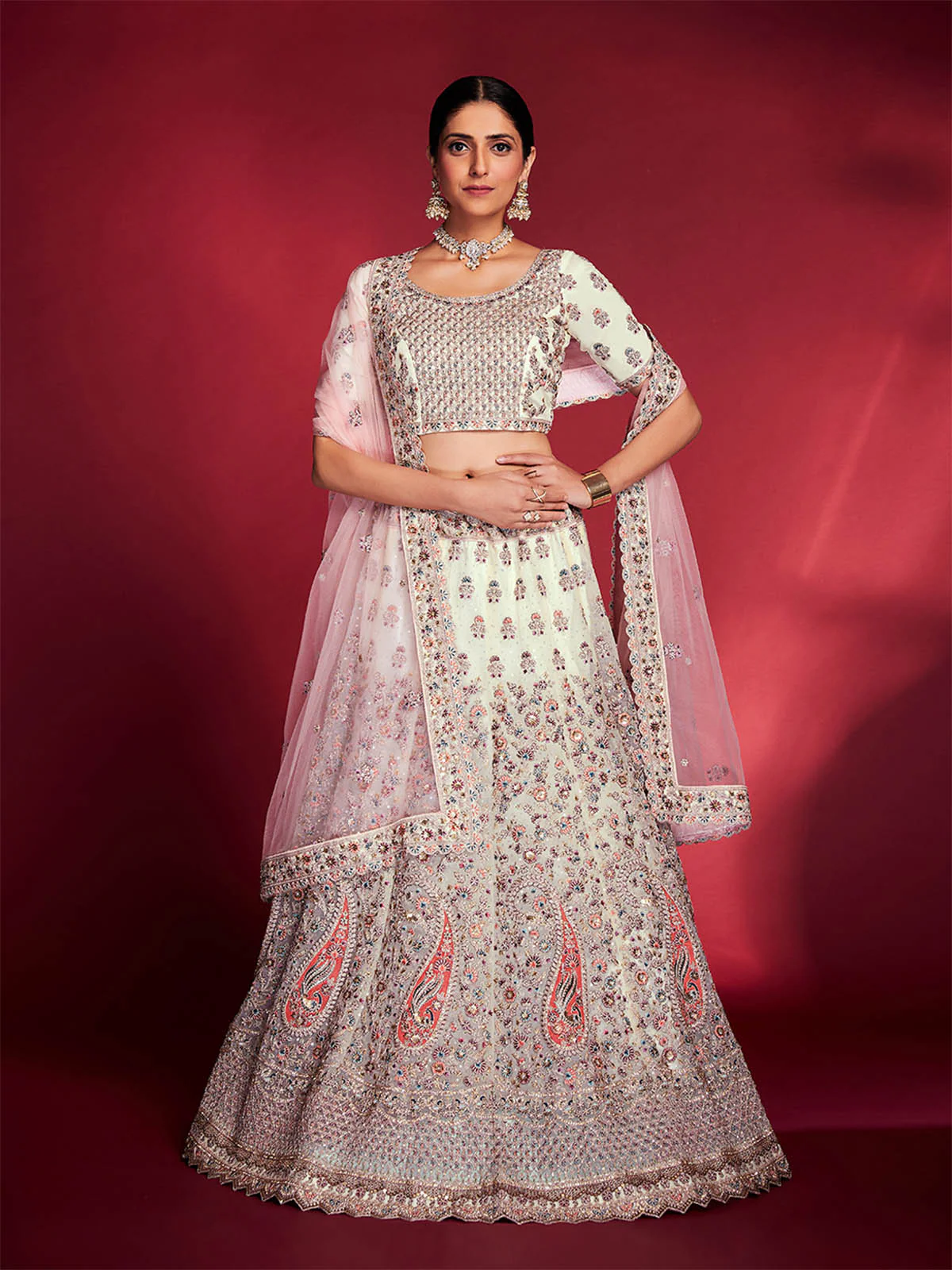 Odette Women Stylish White Soft Silk Embroidered Semi Stitched Lehenga Choli