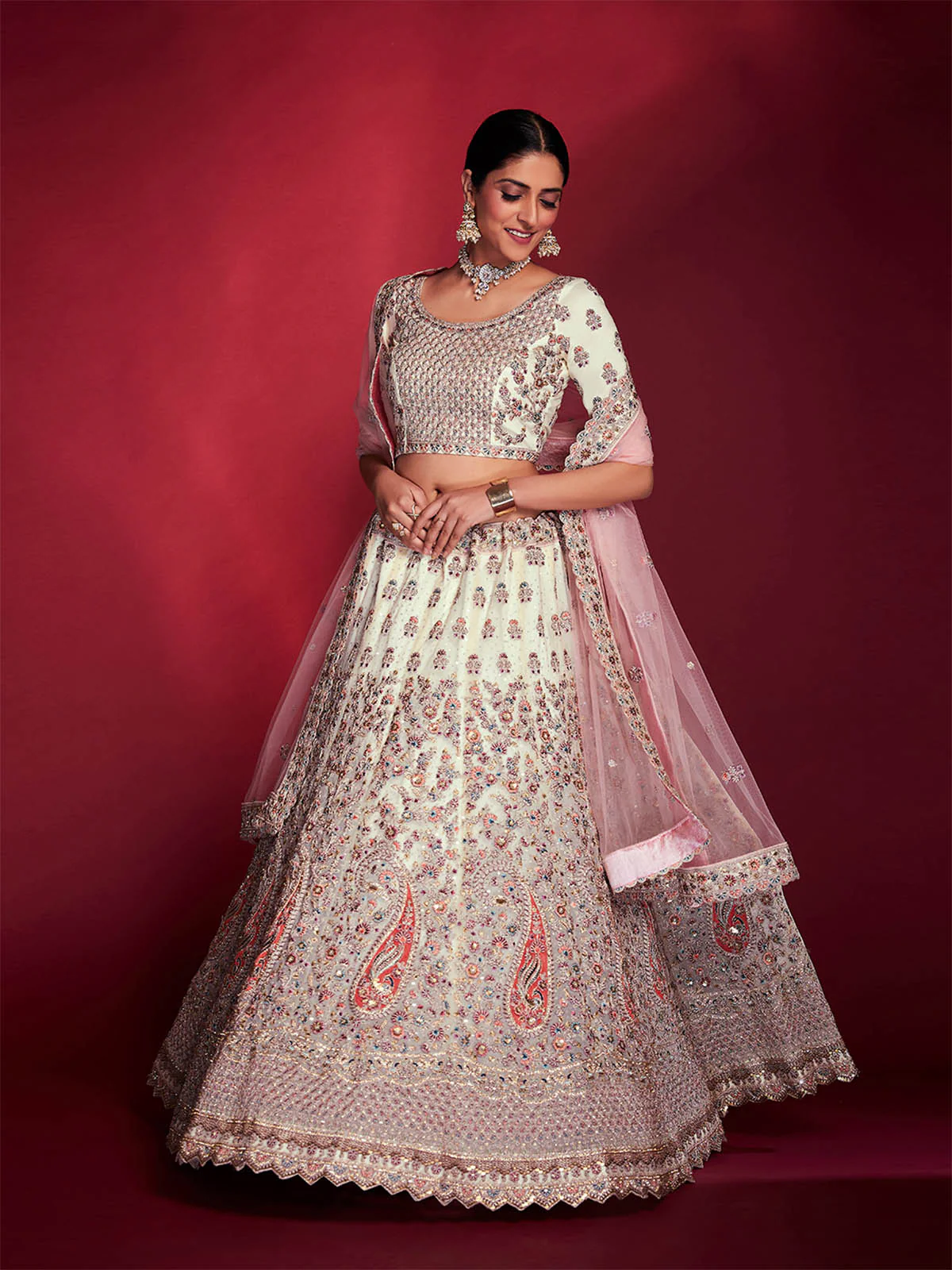 Odette Women Stylish White Soft Silk Embroidered Semi Stitched Lehenga Choli - Image 2