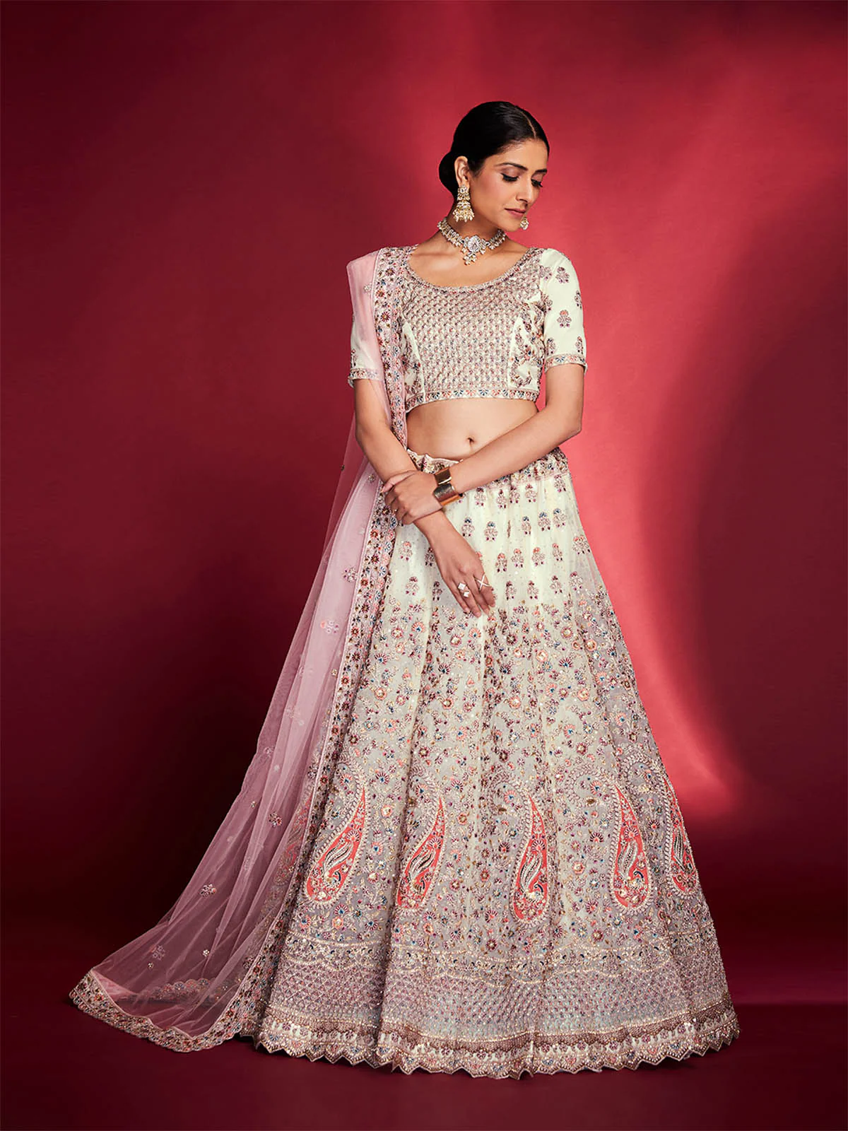 Odette Women Stylish White Soft Silk Embroidered Semi Stitched Lehenga Choli - Image 3
