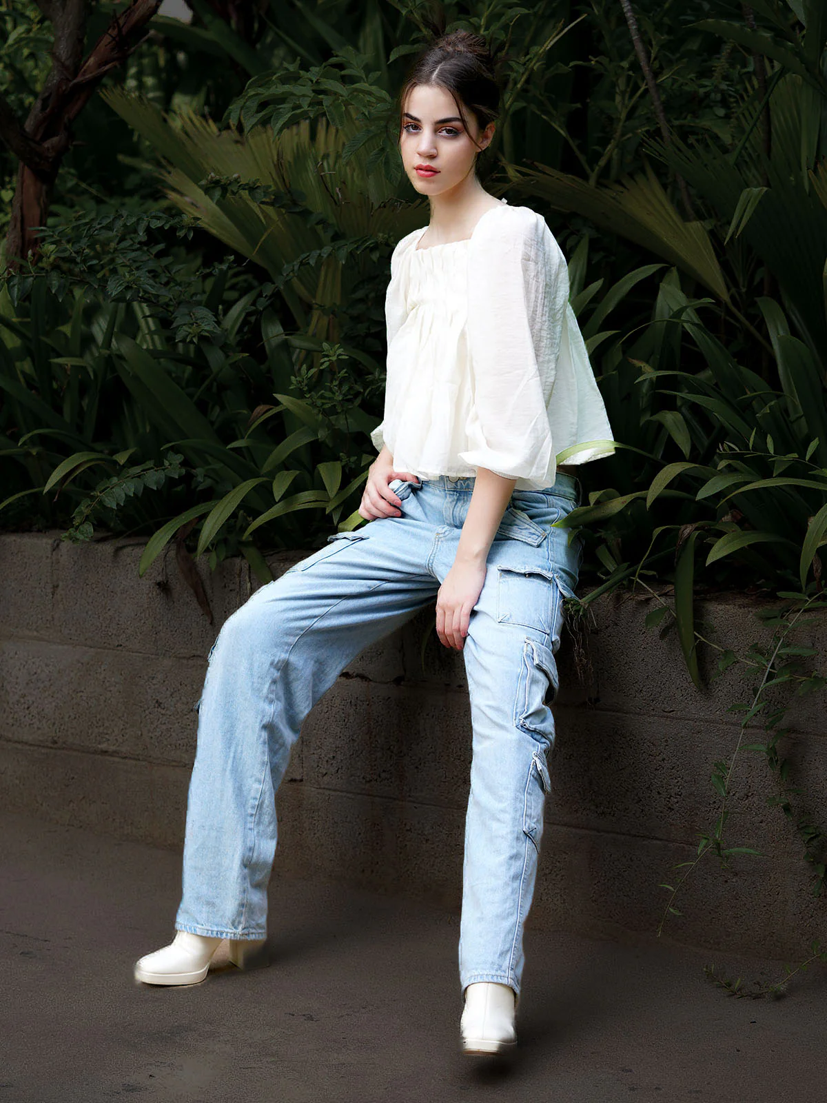 Odette Women Stylish White Solid Cotton Stitched Top - Image 2