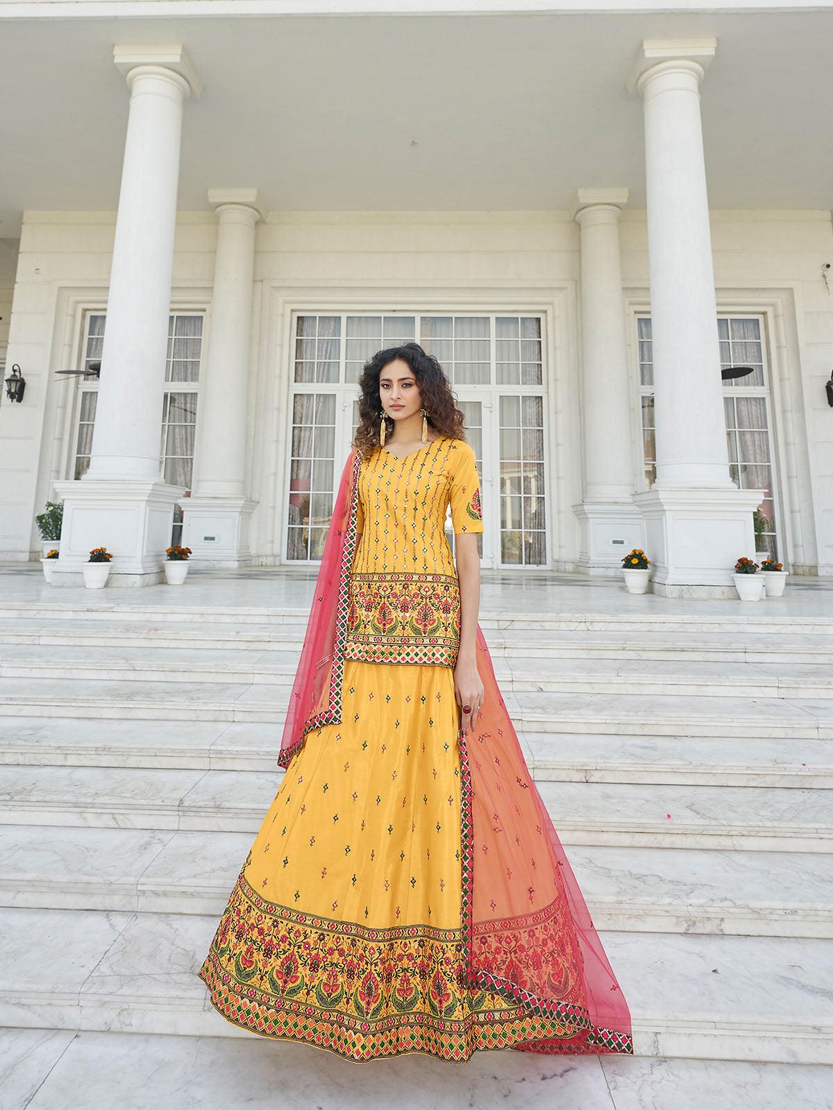 Odette Women Stylish Yellow Chinon Chiffon Semi Stitched Lehenga With  Unstitched Blouse - Image 4