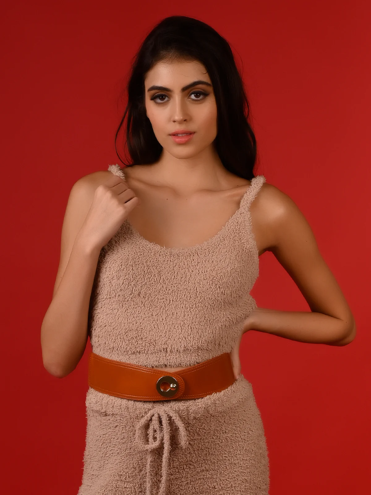 Odette Women Tan Elastane & Faux Leather Broad Belt