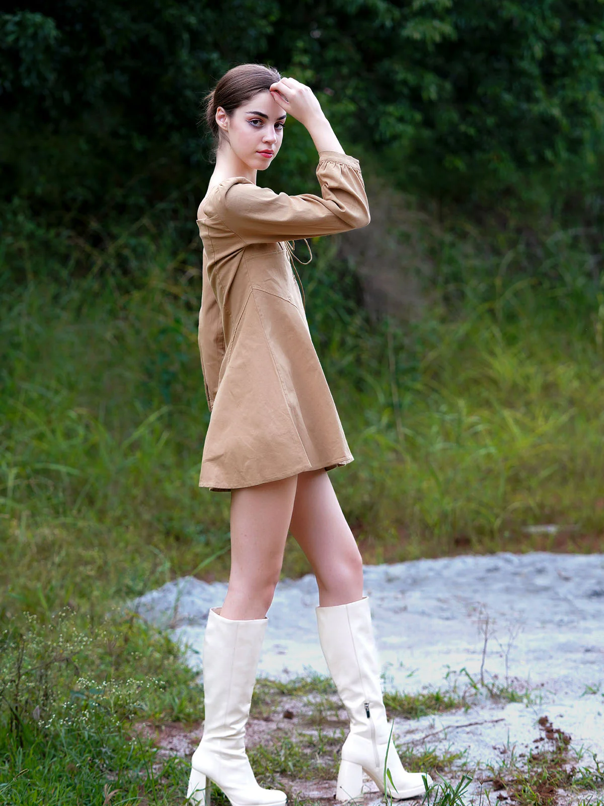 Odette Women Tan Twill Lycra Short Stitched Dress - Image 3