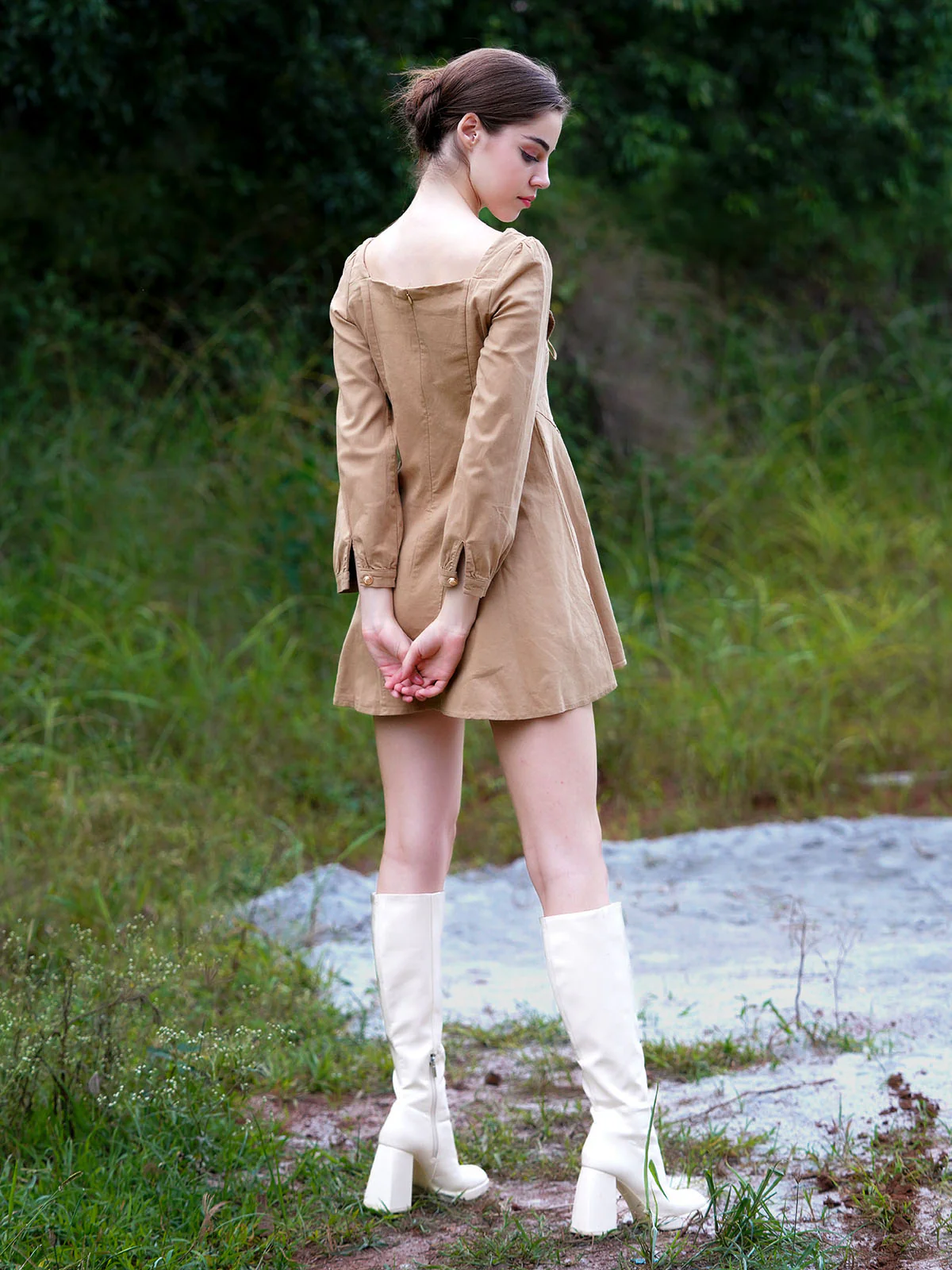 Odette Women Tan Twill Lycra Short Stitched Dress - Image 4