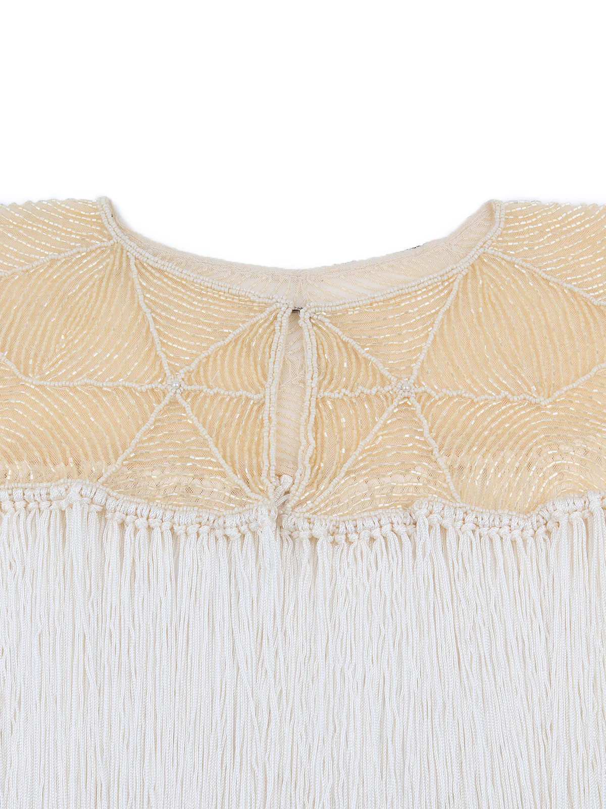 Odette Women Tasseled Grandeur- The Beige And White Tasseled Cape - Image 3