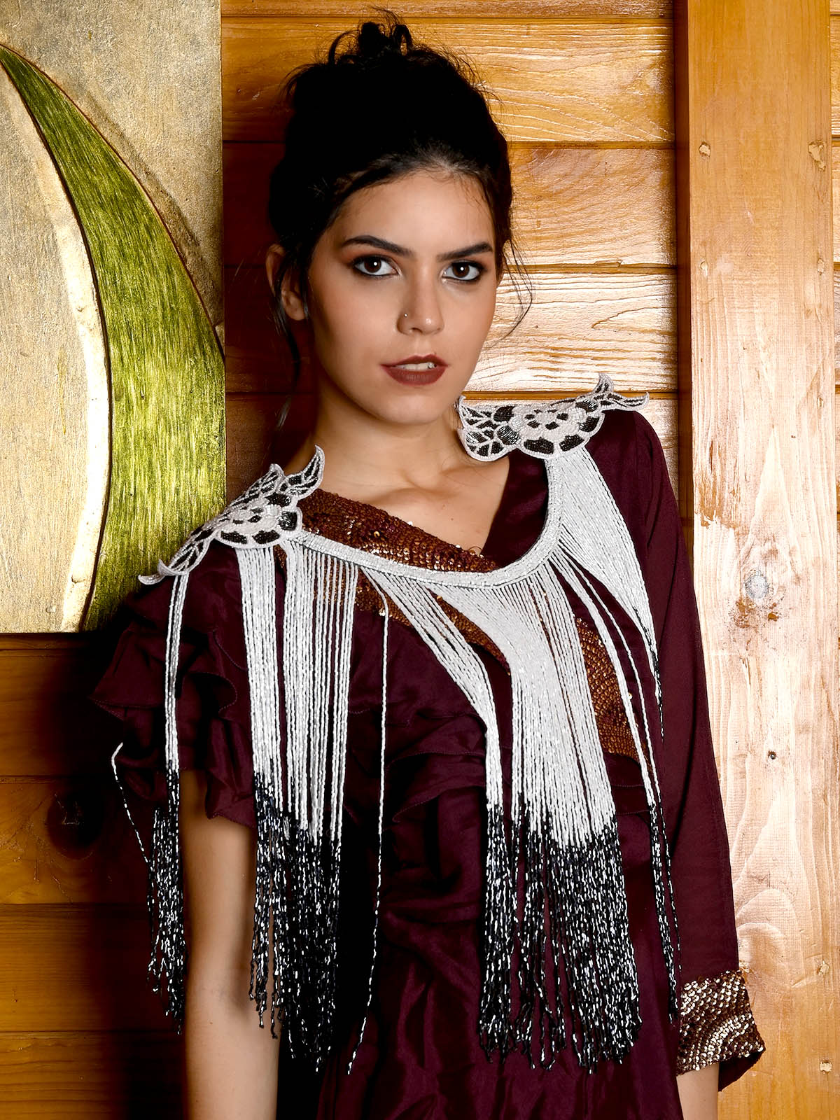 Odette Women Tasseled Grandeur- The Black And White Beads Tasseled Cape - Image 2