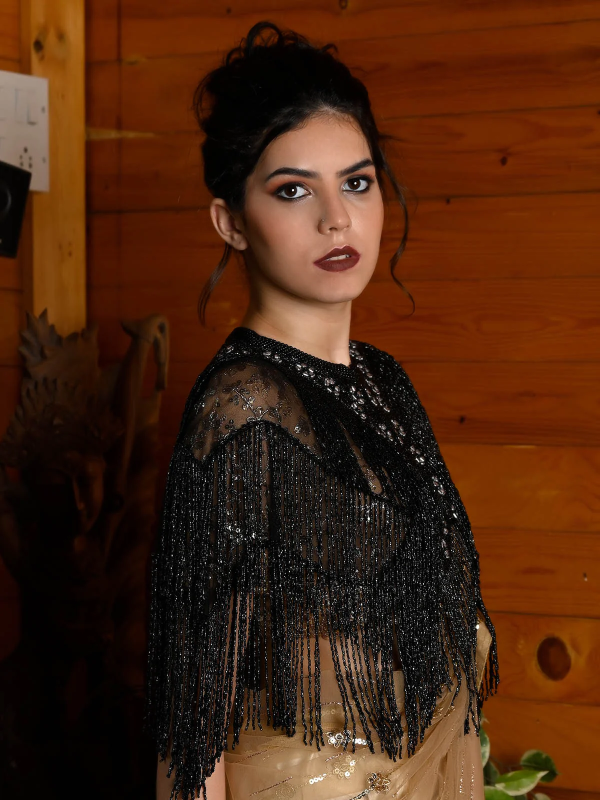 Odette Women Tasseled Grandeur- The Black Beads Tasseled Cape - Image 2