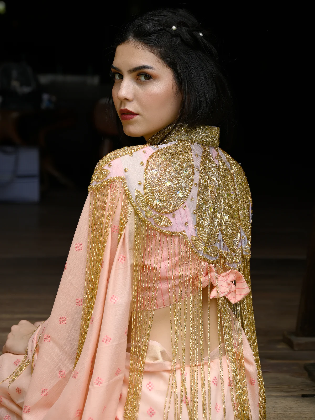 Odette Women Tasseled Grandeur- The Golden Beads Patterned Cape - Image 2