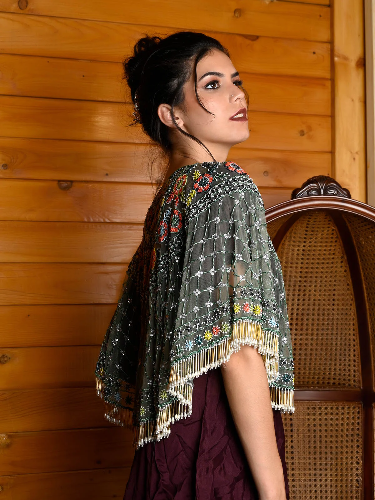 Odette Women Tasseled Grandeur- The Green Embroidered Tasseled Cape - Image 3