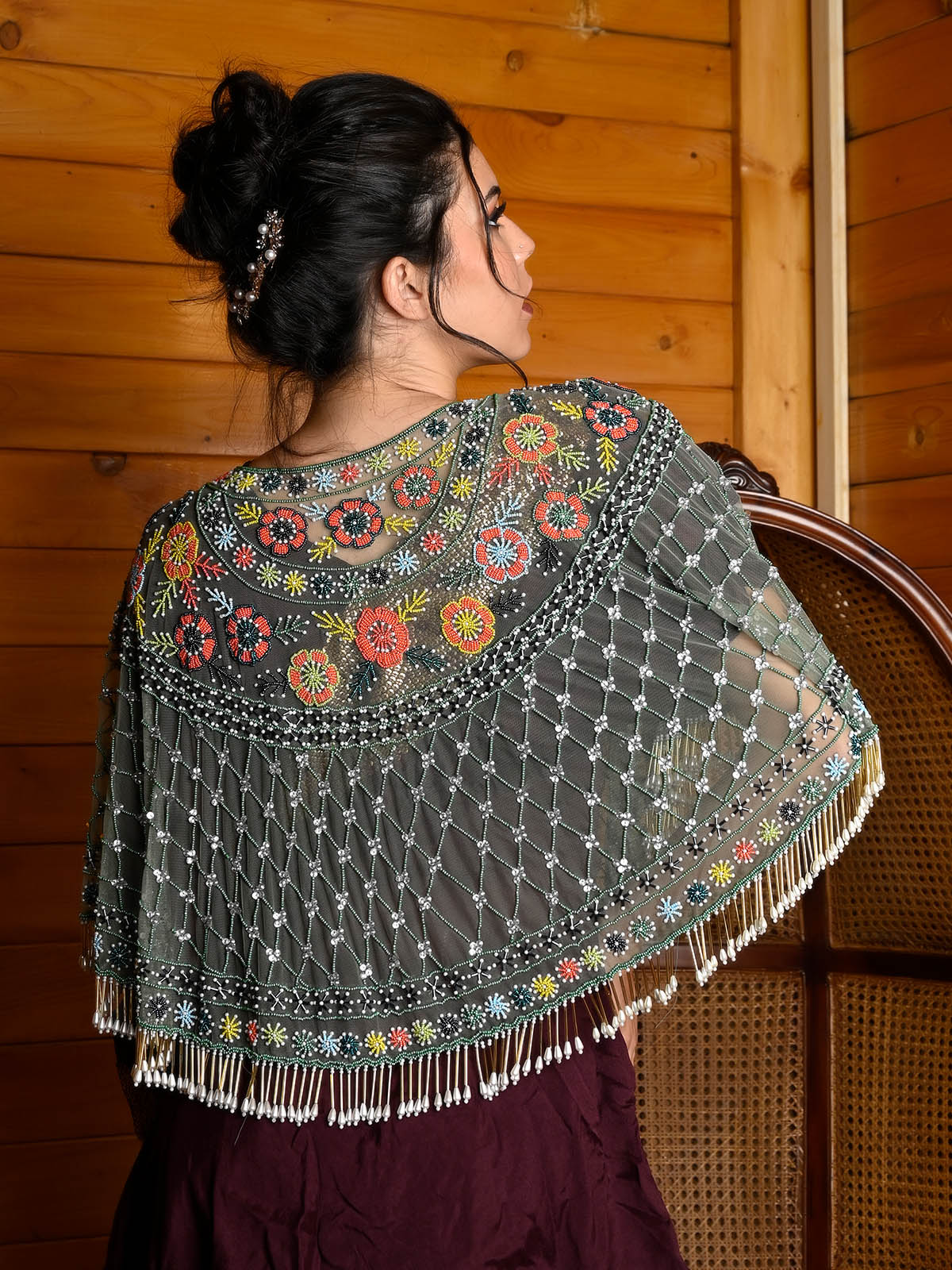 Odette Women Tasseled Grandeur- The Green Embroidered Tasseled Cape - Image 4
