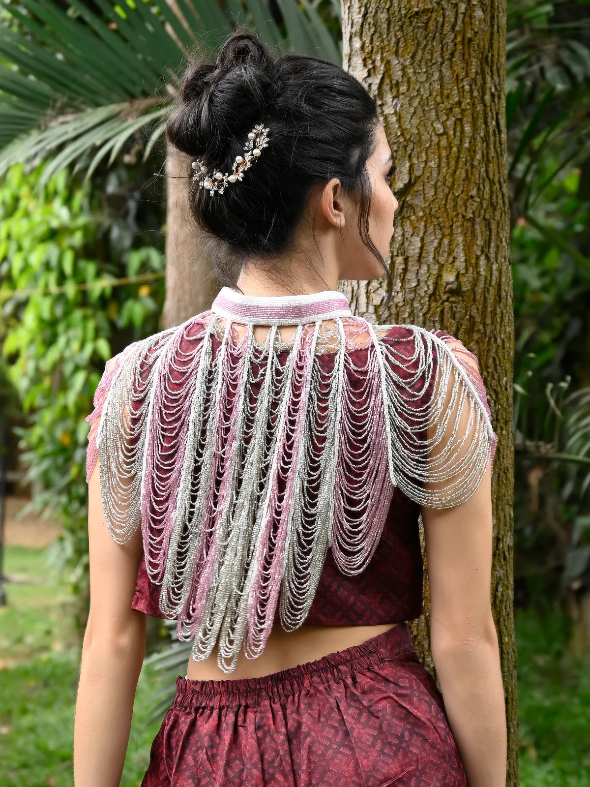 Odette Women Tasseled Grandeur- The Pink And White Beads Tasseled Cape - Image 3