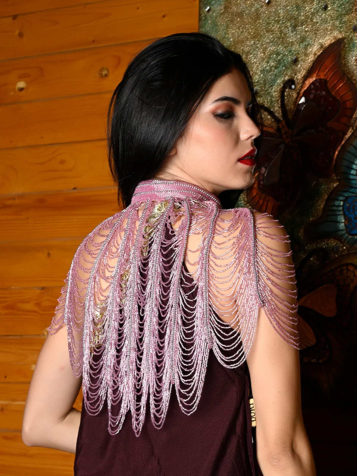 Odette Women Tasseled Grandeur- The Pink Beads Tasseled Cape - Image 3