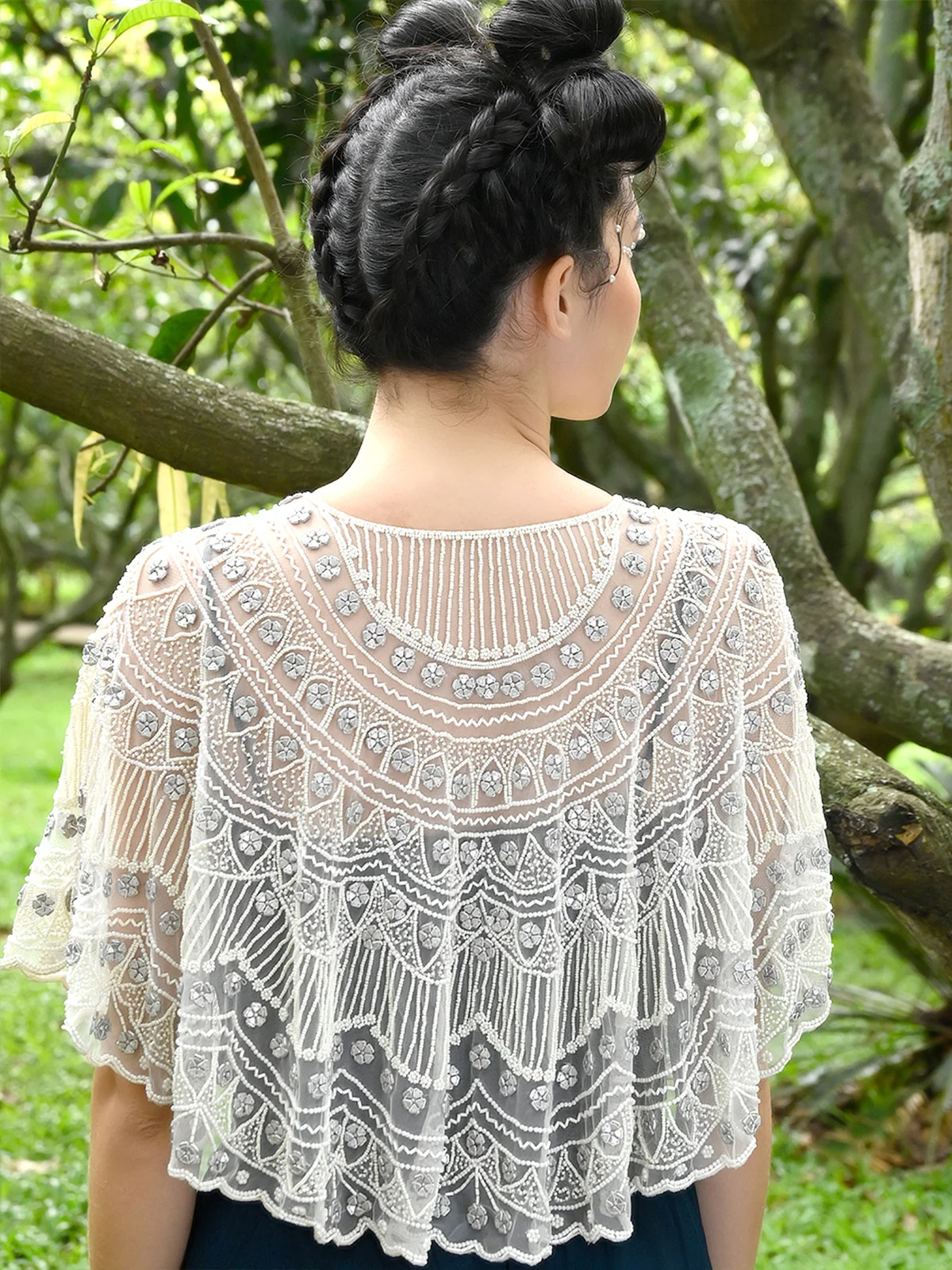 Odette Women Tasseled Grandeur- The White Lace Embroidered Cape - Image 2
