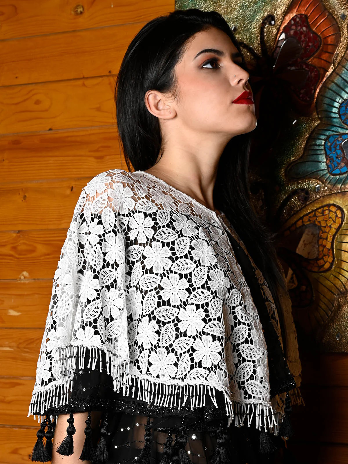 Odette Women Tasseled Grandeur- The White Lace Tasseled Cape - Image 2