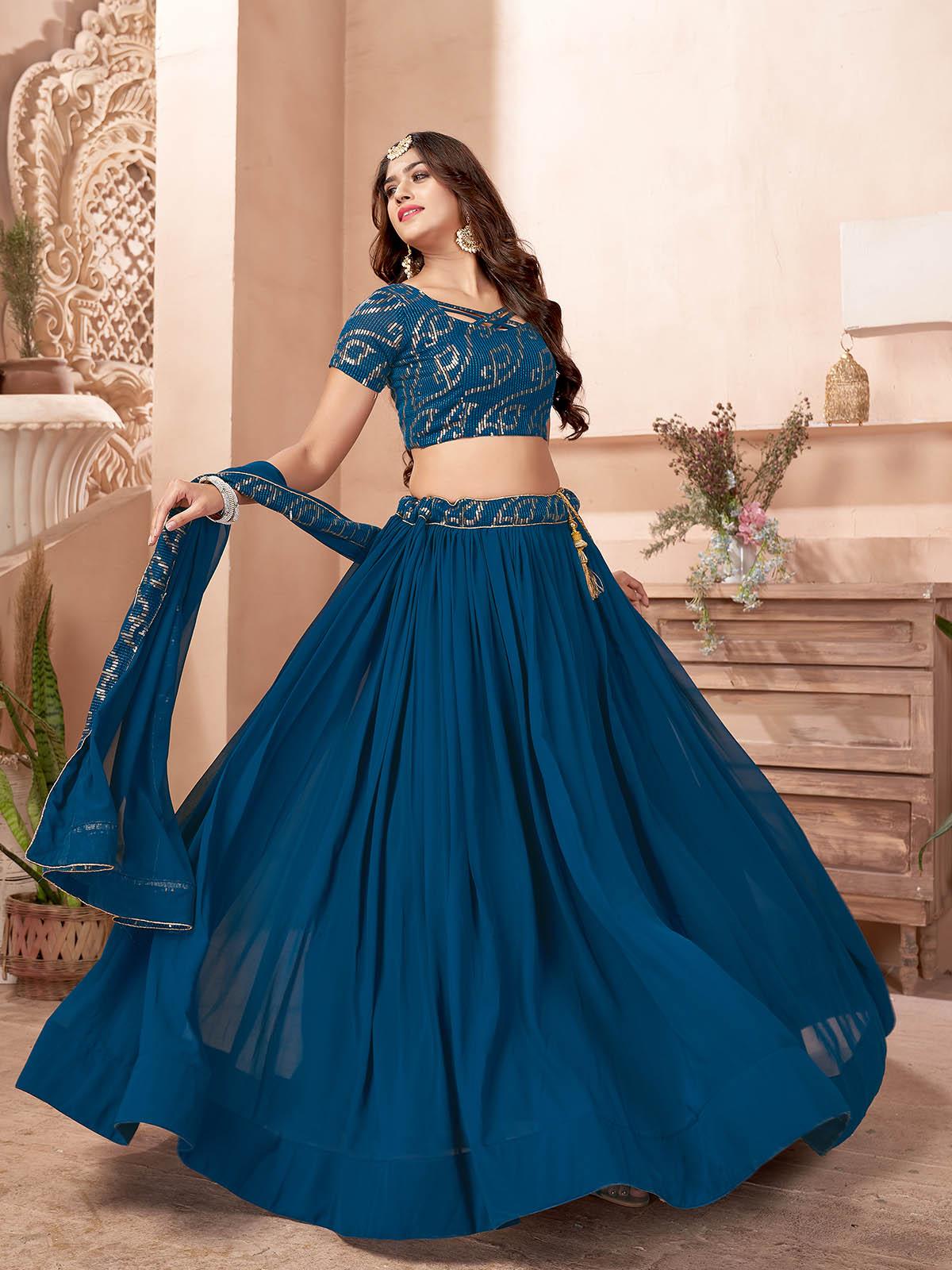 Odette Women Teal Blue Faux Georgette Semi Stitched Lehenga With Unstitched Blouse - Image 6