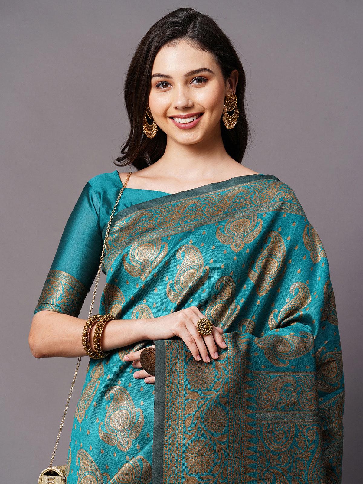 Odette Women Teal Blue Festive Silk Blend Woven Design Saree With Unstitched Blouse - Image 4