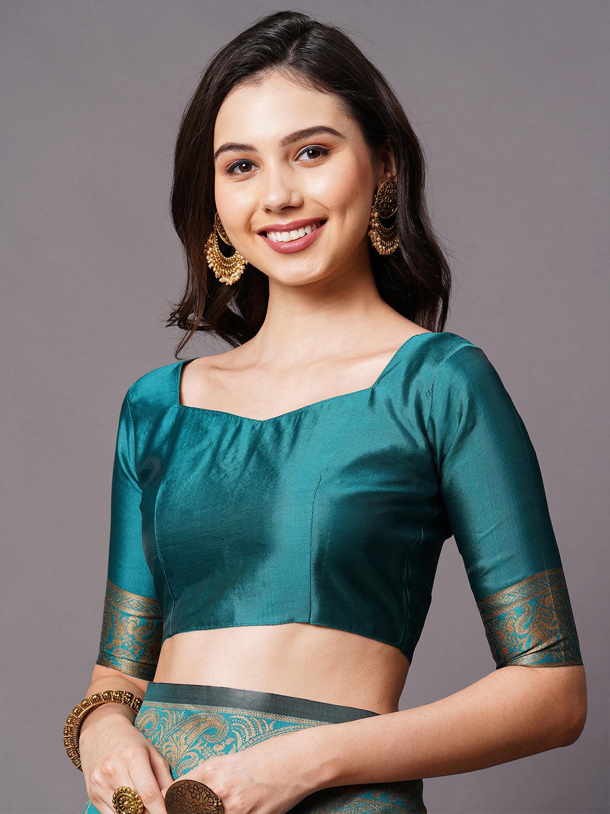Odette Women Teal Blue Festive Silk Blend Woven Design Saree With Unstitched Blouse - Image 5