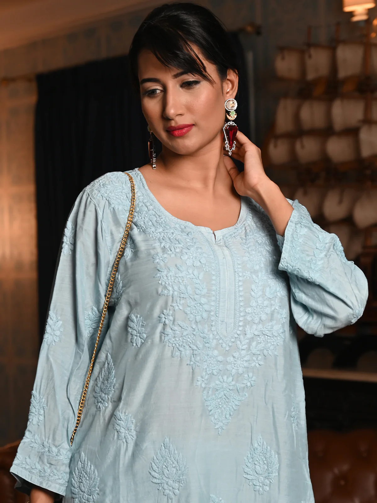 Odette Women Blue Cotton Viscose Chikankari Embroidered Stitched Kurta With Pant - Image 4