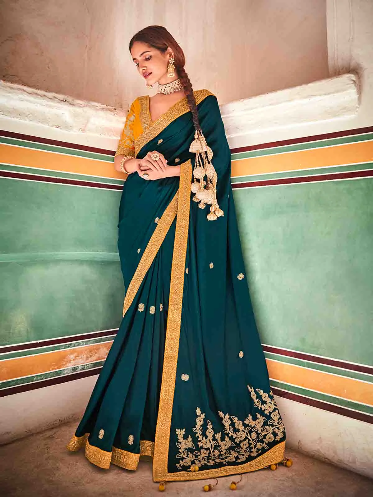 Odette Women Teal Crepe Silk Embroidered Saree With Unstitched Blouse
