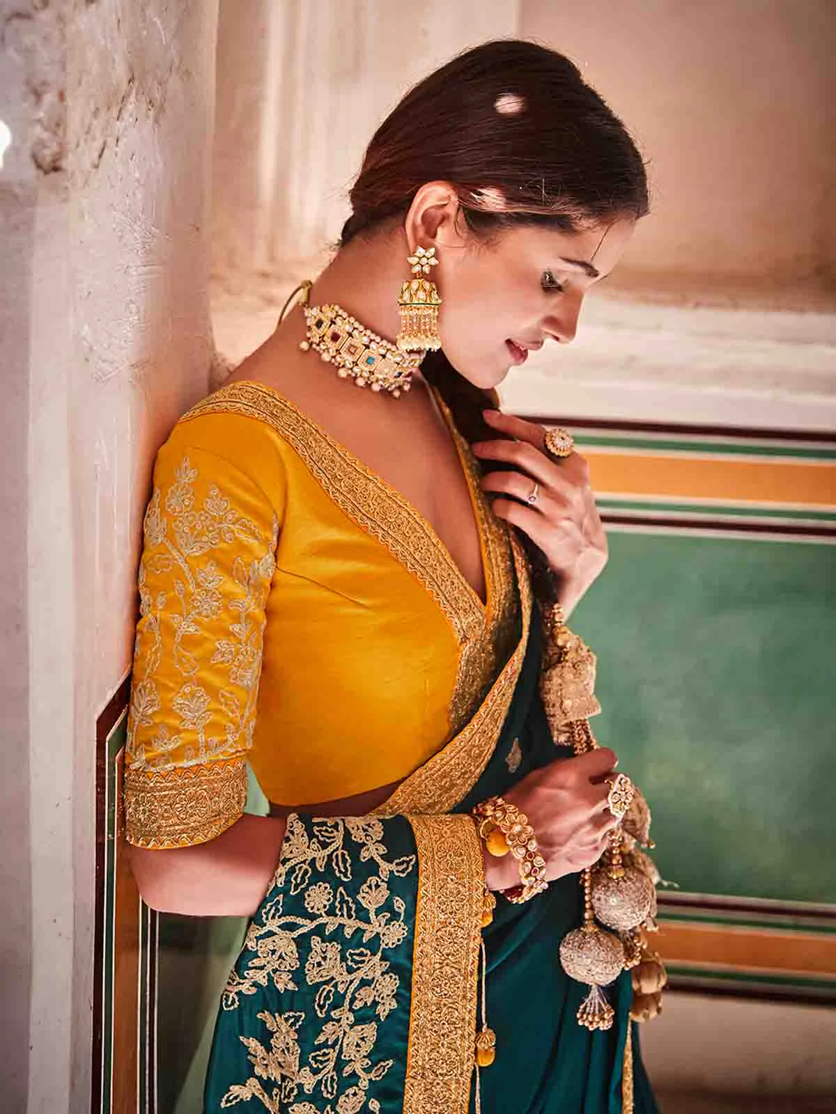 Odette Women Teal Crepe Silk Embroidered Saree With Unstitched Blouse - Image 2