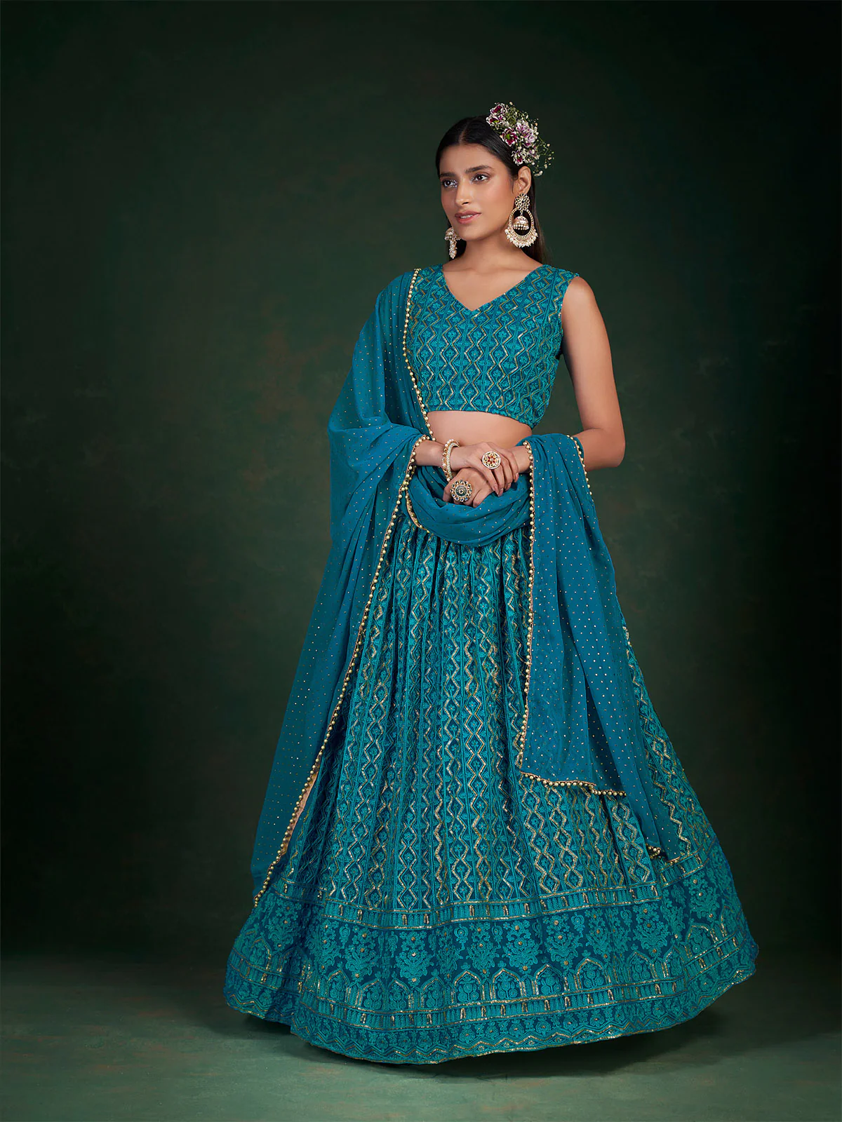 Odette Women Teal Embroidered Bridal Semi Stitched Lehenga With Unstitched Blouse - Image 3