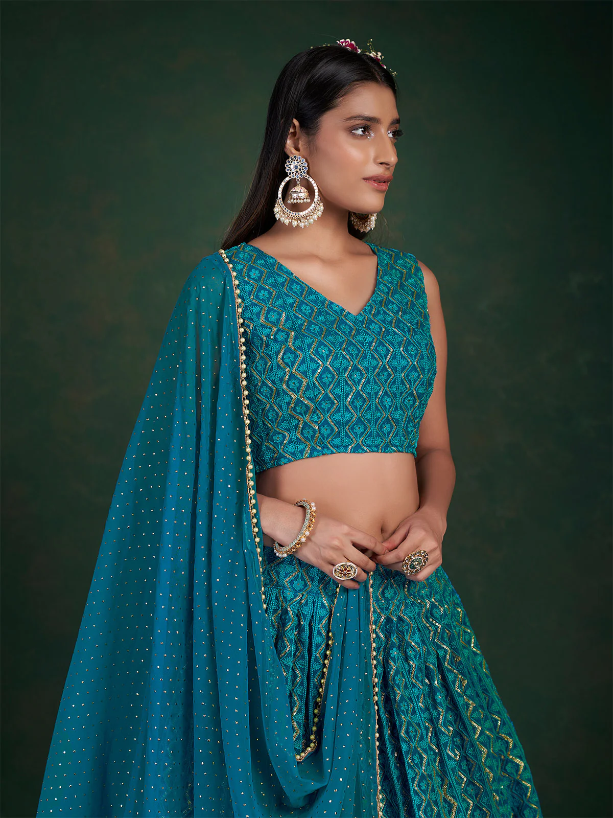 Odette Women Teal Embroidered Bridal Semi Stitched Lehenga With Unstitched Blouse - Image 4