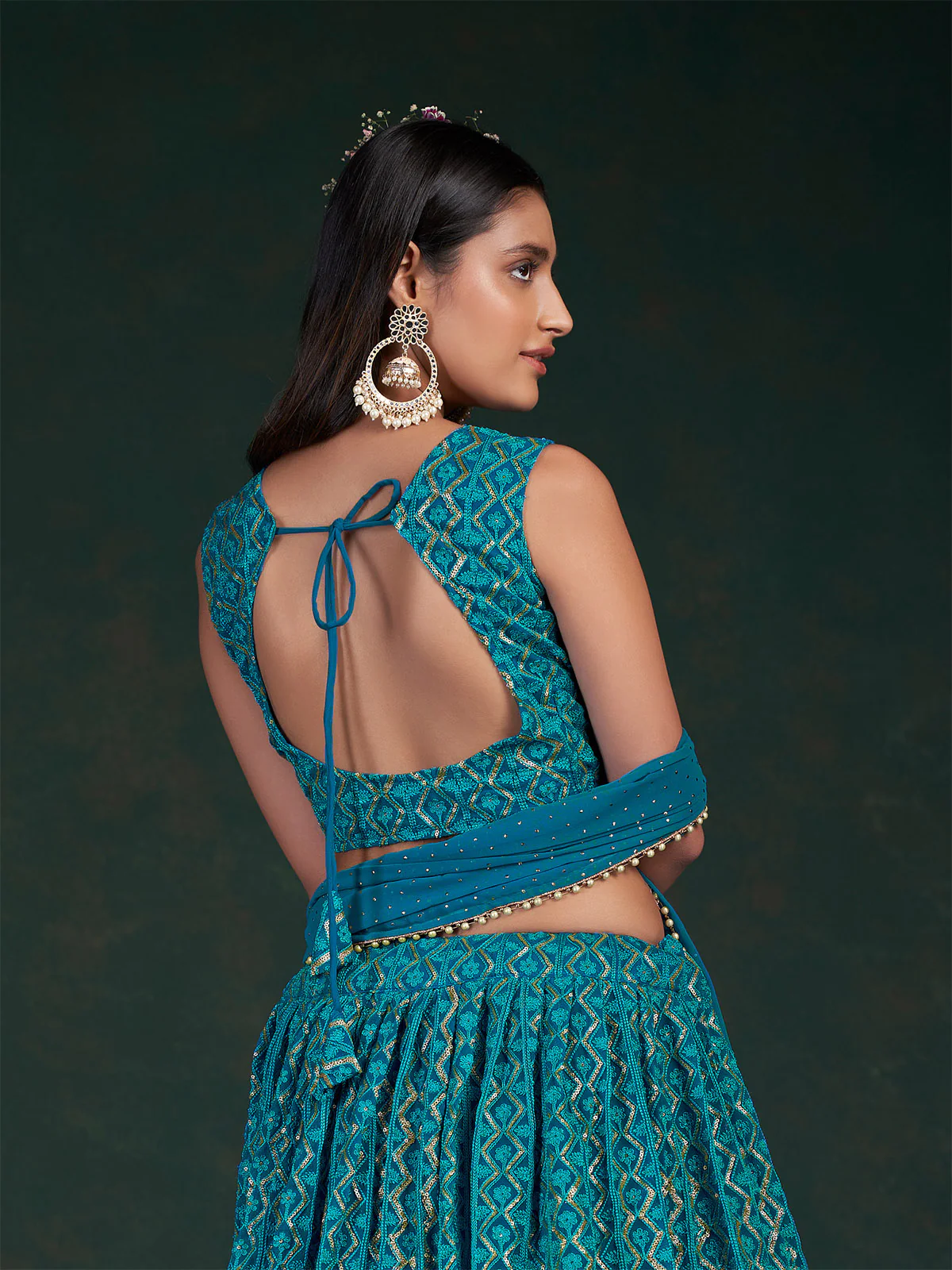 Odette Women Teal Embroidered Bridal Semi Stitched Lehenga With Unstitched Blouse - Image 5