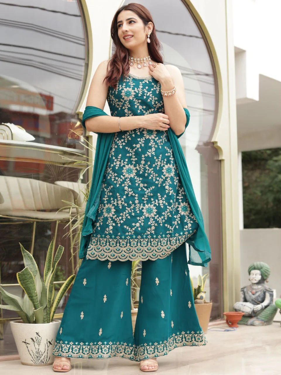 Odette Women Teal Faux Georgette Embroidered Semi Stitched Palazzo Suit - Image 2