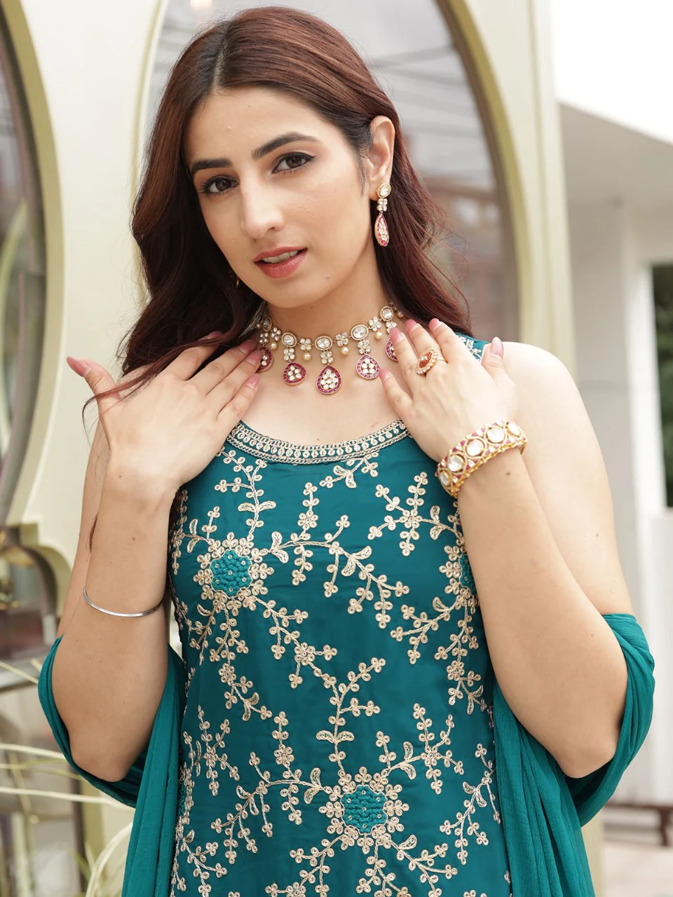 Odette Women Teal Faux Georgette Embroidered Semi Stitched Palazzo Suit - Image 4